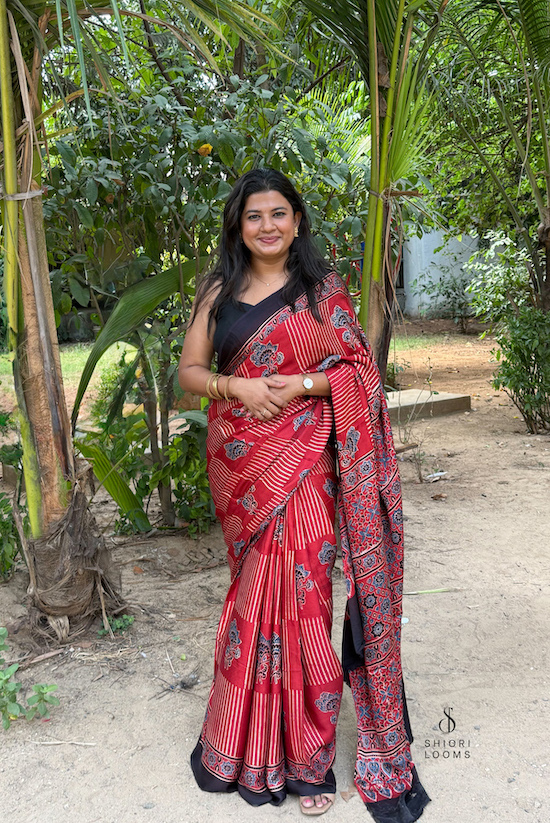 Red Ajrakh Handblock Printed Modal Silk Saree