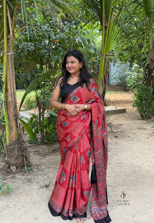 Red Ajrakh Handblock Printed Modal Silk Saree