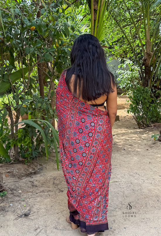 Red Ajrakh Handblock Printed Modal Silk Saree