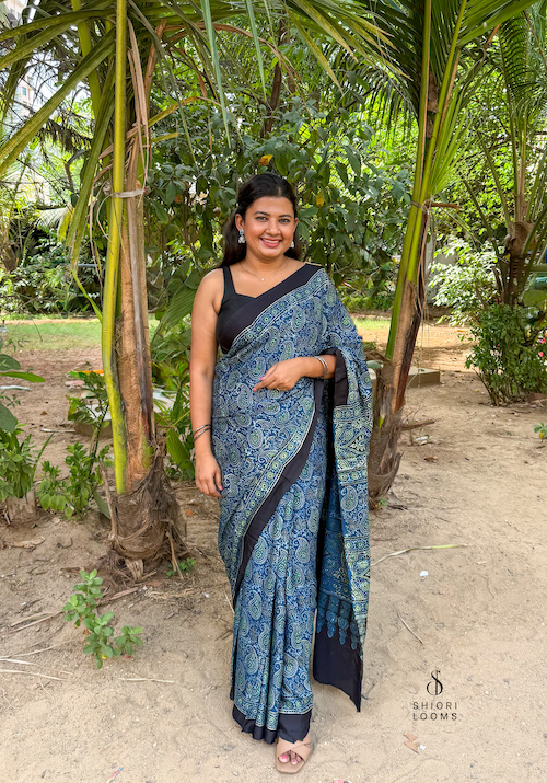 Blue Ajrakh Handblock Printed Modal Silk Saree