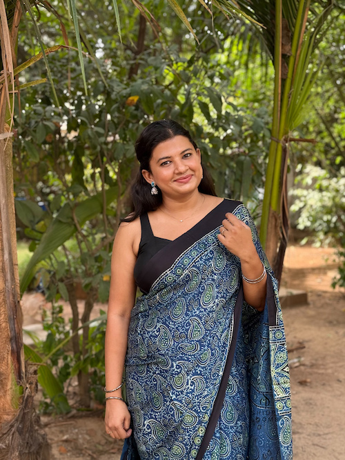 Blue Ajrakh Handblock Printed Modal Silk Saree