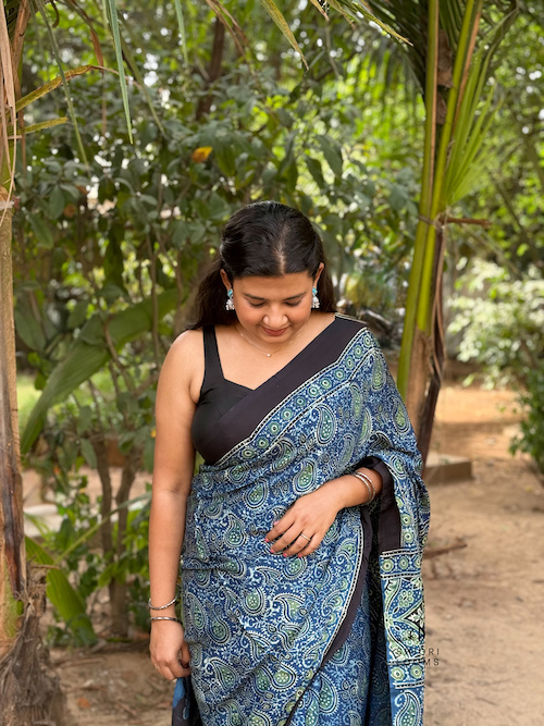 Blue Ajrakh Handblock Printed Modal Silk Saree