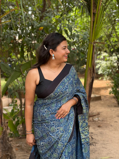 Blue Ajrakh Handblock Printed Modal Silk Saree