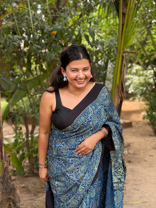 Blue Ajrakh Handblock Printed Modal Silk Saree