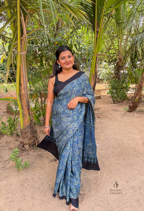 Blue Ajrakh Handblock Printed Modal Silk Saree