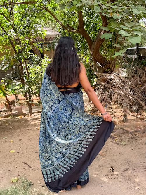 Blue Ajrakh Handblock Printed Modal Silk Saree