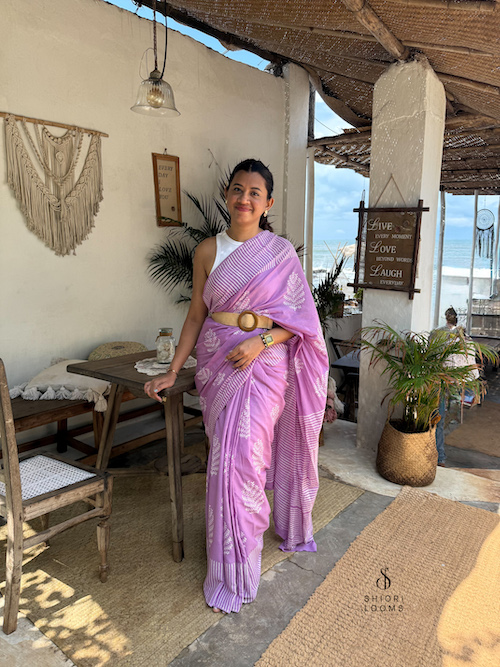 Handblock Printed Mul Cotton Saree in Lavender