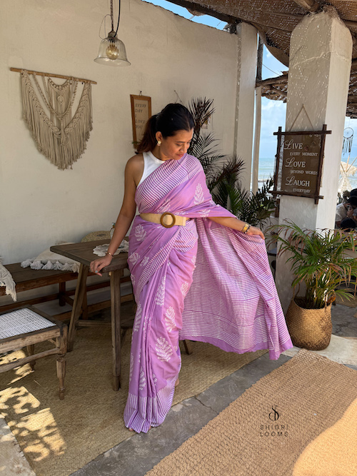 Handblock Printed Mul Cotton Saree in Lavender