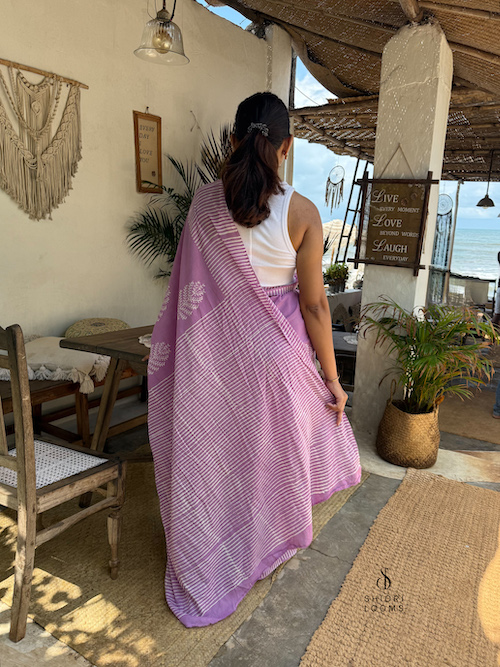 Handblock Printed Mul Cotton Saree in Lavender