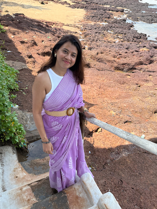 Handblock Printed Mul Cotton Saree in Lavender