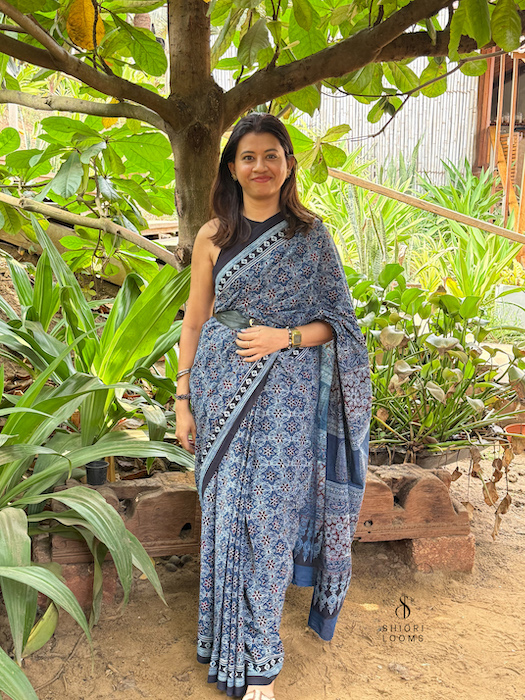 Ajrakh Handblock Printed Mul Cotton Saree in Blue