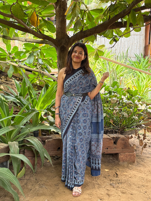 Ajrakh Handblock Printed Mul Cotton Saree in Blue