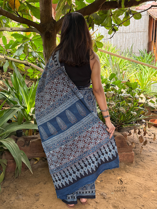 Ajrakh Handblock Printed Mul Cotton Saree in Blue