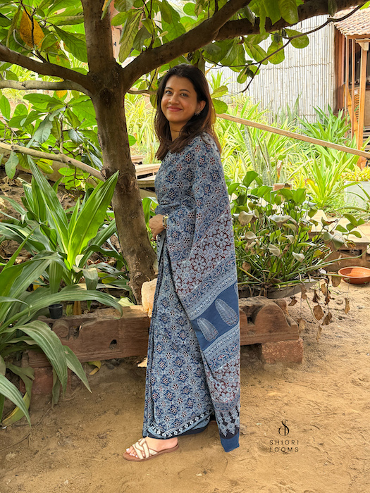 Ajrakh Handblock Printed Mul Cotton Saree in Blue