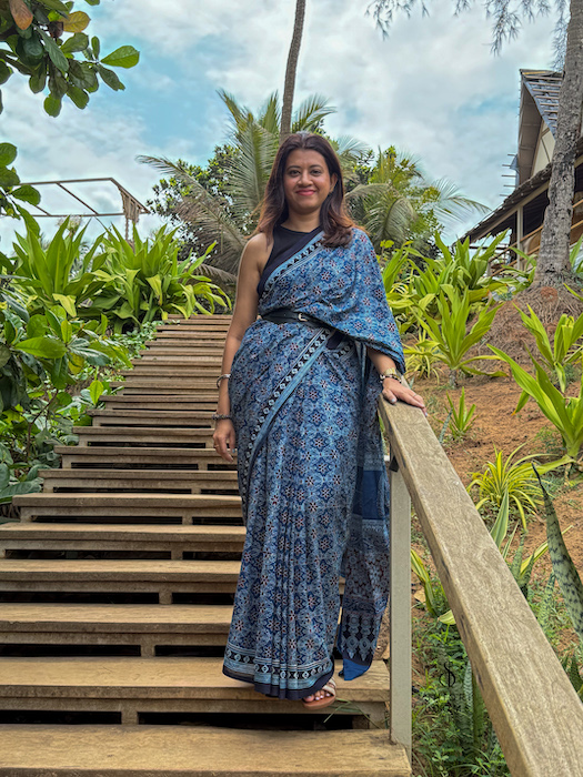 Ajrakh Handblock Printed Mul Cotton Saree in Blue
