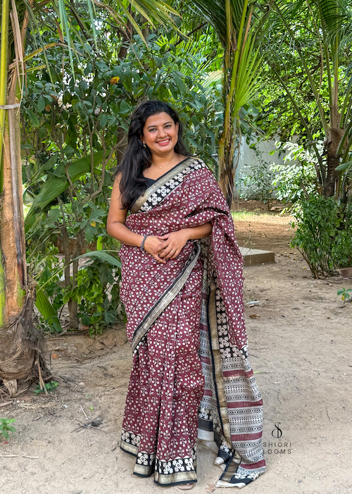 Handblock Printed Maheshwari Silk Cotton Saree in Rust