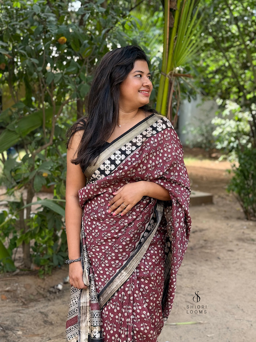Handblock Printed Maheshwari Silk Cotton Saree in Rust