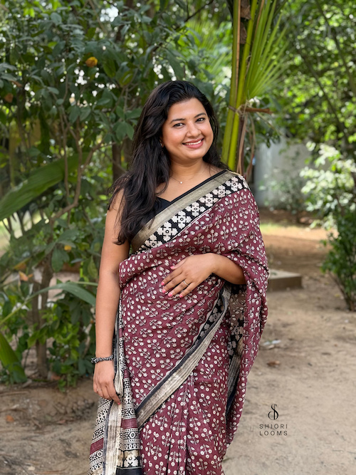 Handblock Printed Maheshwari Silk Cotton Saree in Rust