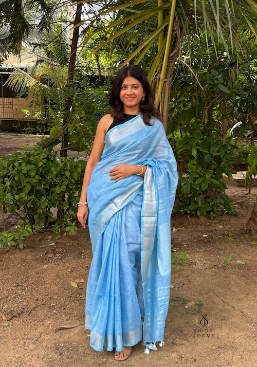Handwoven Pure Linen Saree in Sky Blue