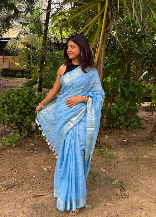 Handwoven Pure Linen Saree in Sky Blue