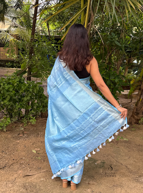 Handwoven Pure Linen Saree in Sky Blue