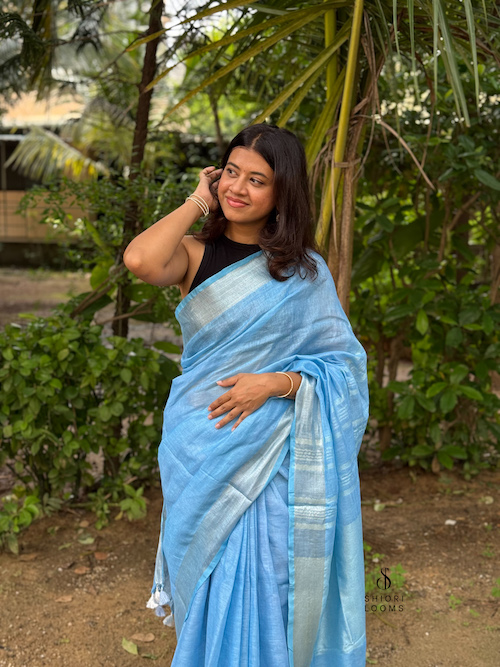 Handwoven Pure Linen Saree in Sky Blue