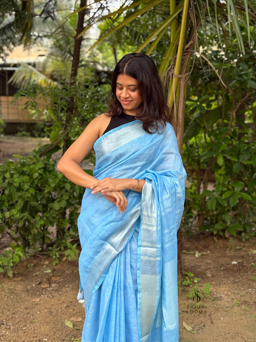 Handwoven Pure Linen Saree in Sky Blue