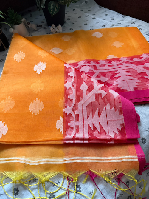 Handwoven Orange Dhakai Jamdani Muslin Saree