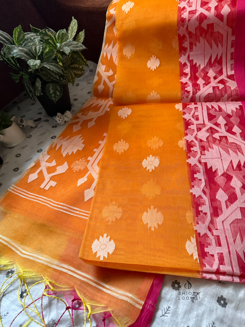 Handwoven Orange Dhakai Jamdani Muslin Saree