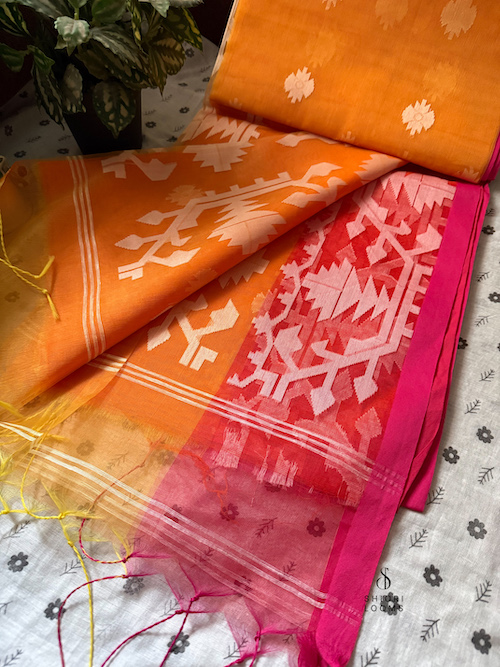 Handwoven Orange Dhakai Jamdani Muslin Saree