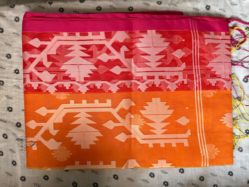 Handwoven Orange Dhakai Jamdani Muslin Saree
