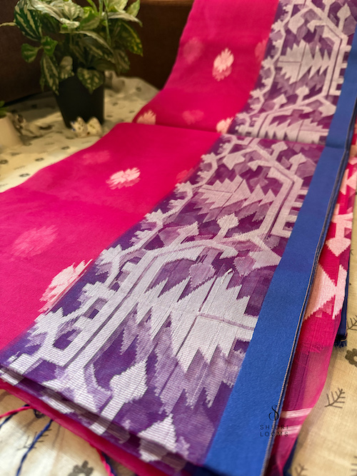 Handwoven Pink Dhakai Jamdani Muslin Saree
